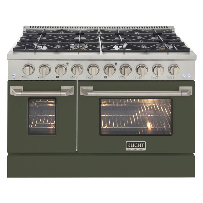 Kucht 48 Inch Professional KNG Series Natural Gas Stainless Steel Range with Sealed Burners, Griddle/Grill, Double Oven and Convection Oven in Olive Green Oven Door Burners
