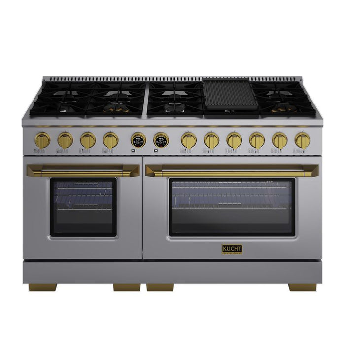 Kucht 60 Inch KX Series Gas Stainless Steel Door Dual Fuel Range with Gold Finish and Digital Thermostat Griddle