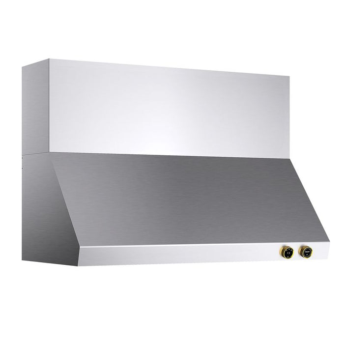 Kucht 60 Inch Pro-Style 1200 CFM Classic Stainless Steel Wall Mounted Gold Accents Range Hood with Two Round Digital Dial Touchscreen Controls Side