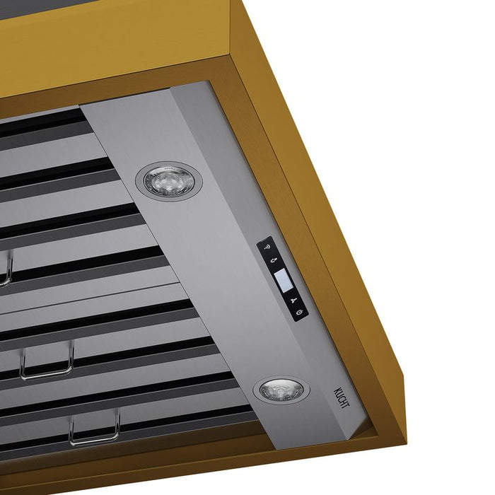 Kucht Gemstone 30 Inch 600 CFM Stainless Steel Wall Mounted Gold Accents Range Hood with LCD Display and Sensor Touch Controls Below