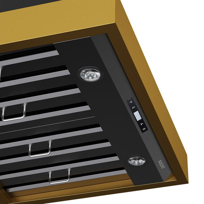Kucht Gemstone 30 Inch 600 CFM Titanium Stainless Steel Wall Mounted Gold Accents Range Hood with LCD Display and Sensor Touch Controls Below