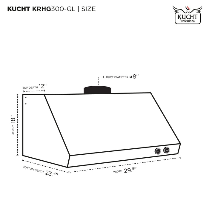 Kucht Gemstone 30 Inch Pro-Style 900 CFM Titanium Stainless Steel Ducted Under Cabinet Range Hood with Two Round Digital Dial Gold Touchscreen Controls Dimensions