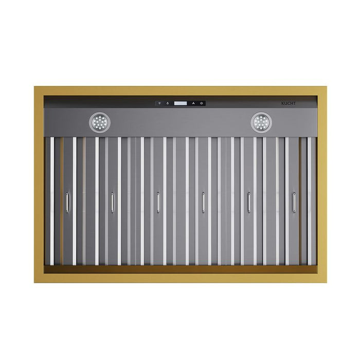 Kucht Gemstone 36 Inch 600 CFM Stainless Steel Wall Mounted Gold Accents Range Hood with LCD Display and Sensor Touch Controls Filter