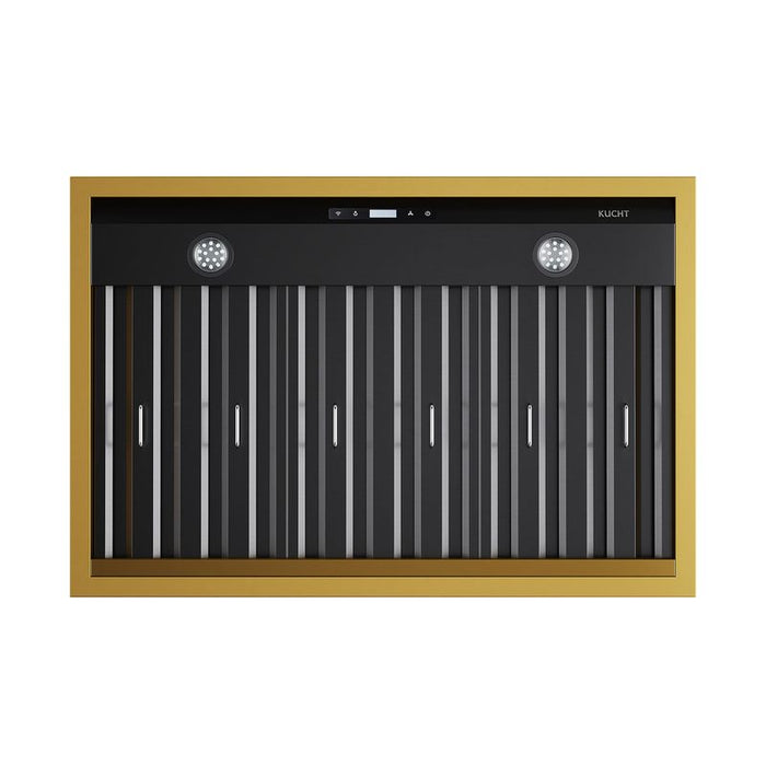 Kucht Gemstone 36 Inch 600 CFM Titanium Stainless Steel Wall Mounted Gold Accents Range Hood with LCD Display and Sensor Touch Controls Filter