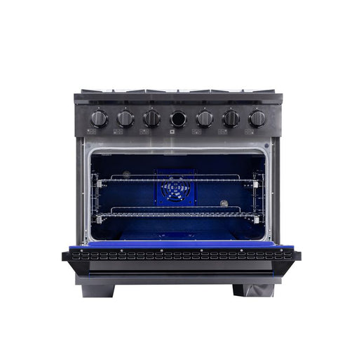 Kucht Gemstone 36 Inch KX Series Gas Titanium Stainless Steel Door Dual Fuel Range with Digital Thermostat and Titanium Accessories Open