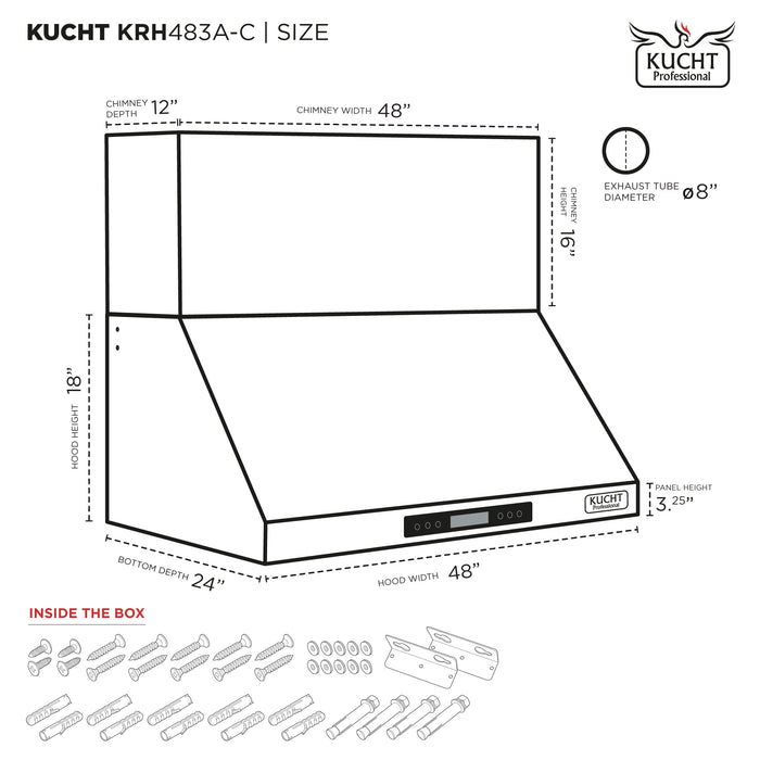 Kucht Gemstone 48 Inch 1200 CFM Titanium Stainless Steel Wall Mounted Range Hood with LCD Display and Sensor Touch Controls Dimensions