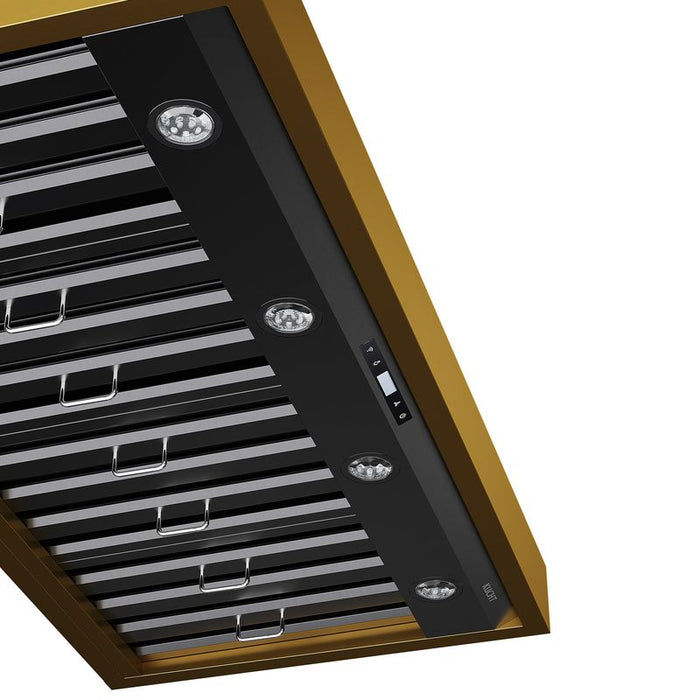 Kucht Gemstone 48 Inch 800 CFM Titanium Stainless Steel Wall Mounted Gold Accents Range Hood with LCD Display and Sensor Touch Controls Below
