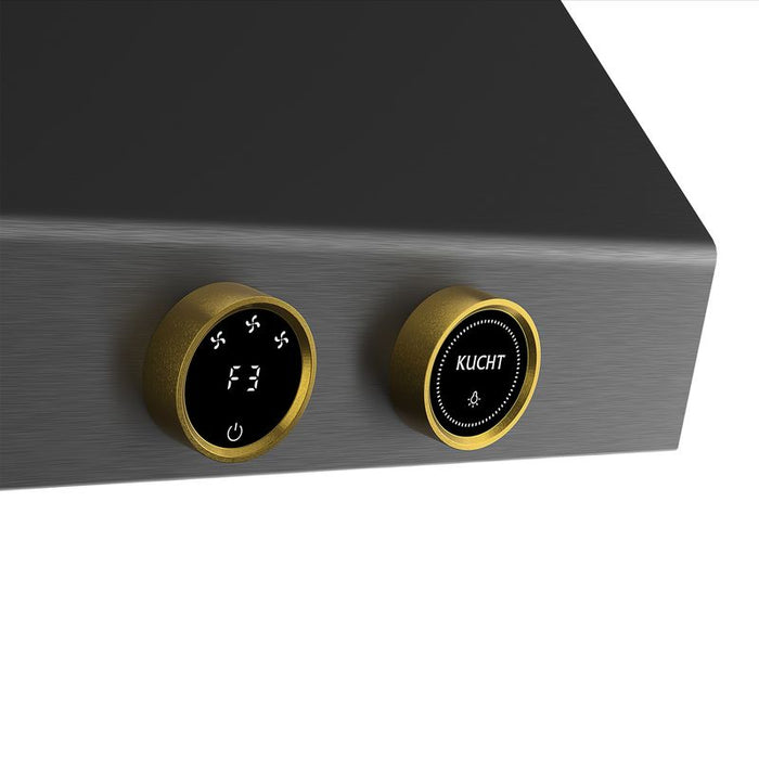 Kucht Gemstone 48 Inch Pro-Style 1200 CFM Titanium Stainless Steel Ducted Under Cabinet Range Hood with Two Round Digital Dial Gold Touchscreen Controls