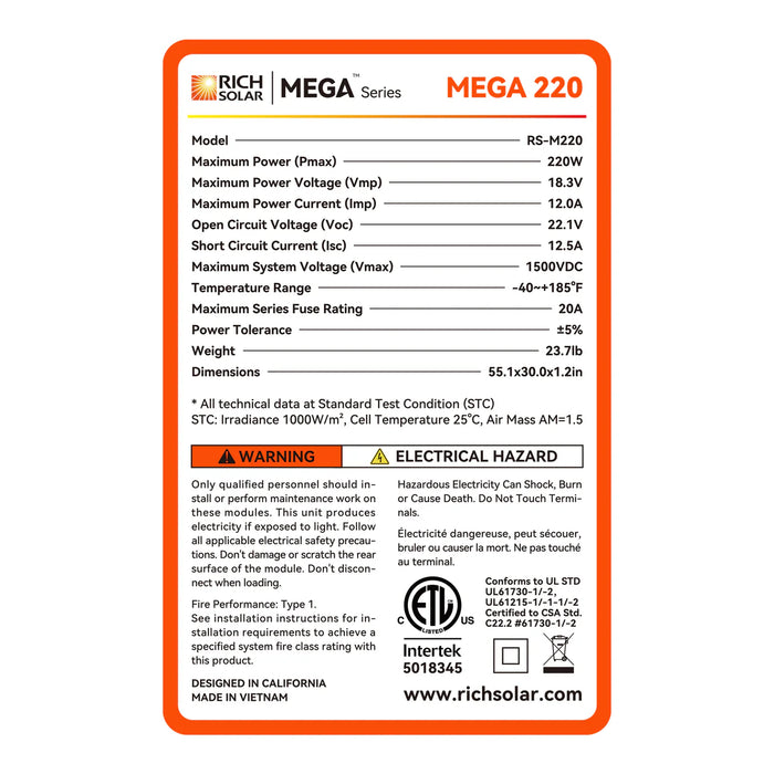 Rich Solar MEGA 220 | 220 Watt Solar Panel | Premium 12V Off-Grid Solar Panel for RVs, Cabins, Boats | 25-Year Output Warranty