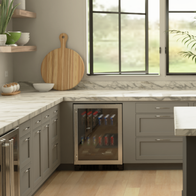 Marvel 24 Inch Classic Built In/Freestanding Stainless Steel Beverage Center with 3-in-1 Split Convertible Shelves Installed