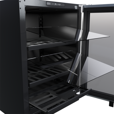 Marvel 24 Inch Classic Built In/Freestanding Stainless Steel Beverage Center with 3-in-1 Split Convertible Shelves Open 