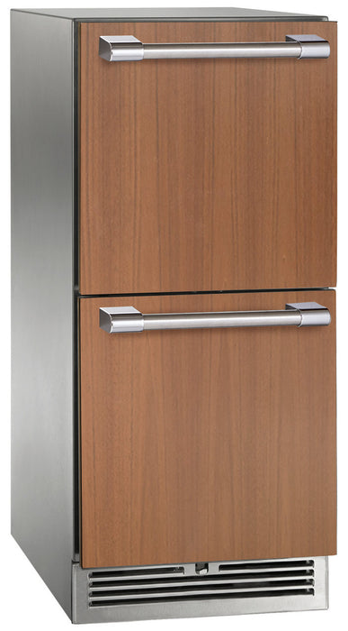 Perlick 15 Inch Signature Series Undercounter Outdoor Marine Grade Refrigerator Panel Ready Drawers Dark Wood