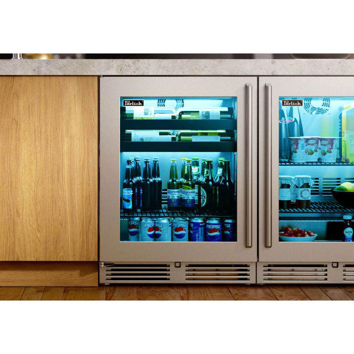Perlick 24 Inch Signature Series 18" Shallow Depth Indoor Undercounter Beverage Center Stainless Steel Glass Door Installed