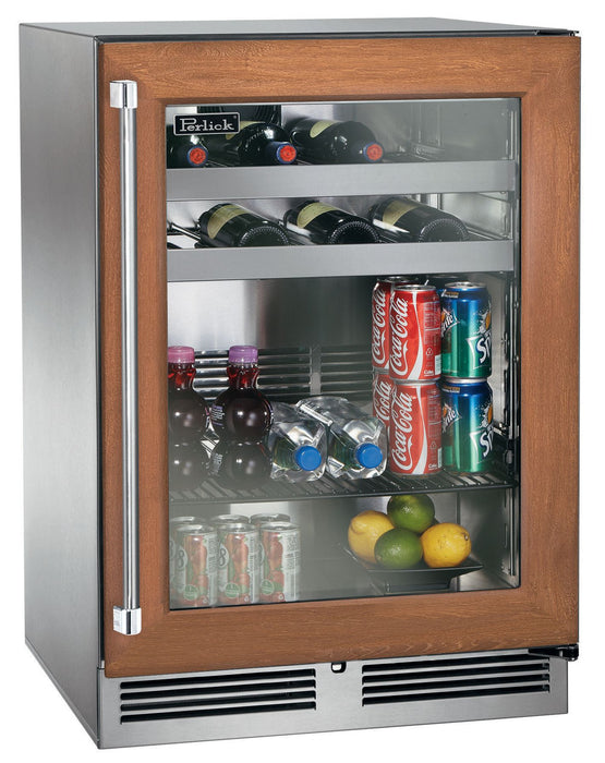 Perlick 24 Inch Signature Series 18" Shallow Depth Outdoor Marine Grade Beverage Center Panel Ready Glass Door Dark Wood