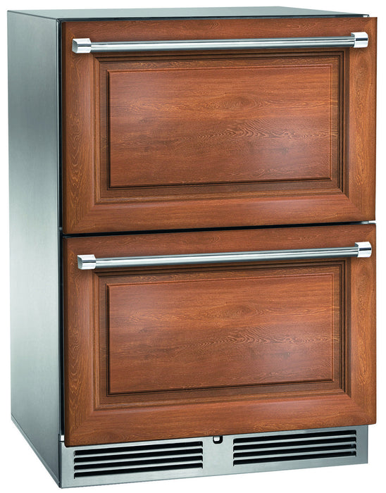 Perlick 24 Inch Signature Series Outdoor Undercounter Dual Zone Freezer/Refrigerator Panel Ready Drawers Dark Wood