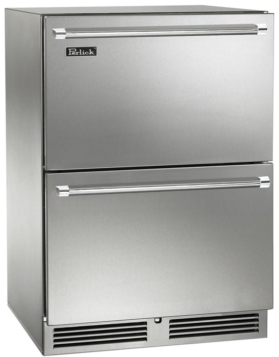 Perlick 24 Inch Signature Series Outdoor Undercounter Dual Zone Freezer/Refrigerator Steel Solid Drawers Main