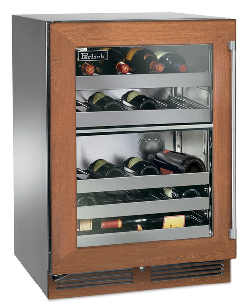 Perlick 24 Inch Signature Series Outdoor Undercounter Dual Zone Wine Reserver Panel Ready Glass Door Dark Brown