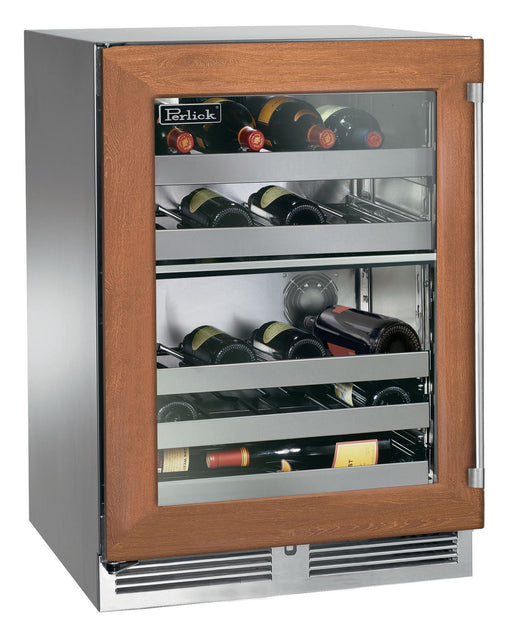 Perlick 24 Inch Signature Series Undercounter Outdoor Marine Grade Dual Zone Wine Reserve Panel Ready Glass Door Dark Wood
