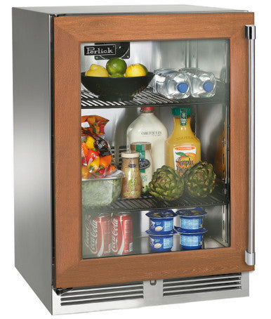 Perlick 24 Inch Signature Series Undercounter Outdoor Marine Grade Refrigerator Panel Ready Glass Door Dark Wood