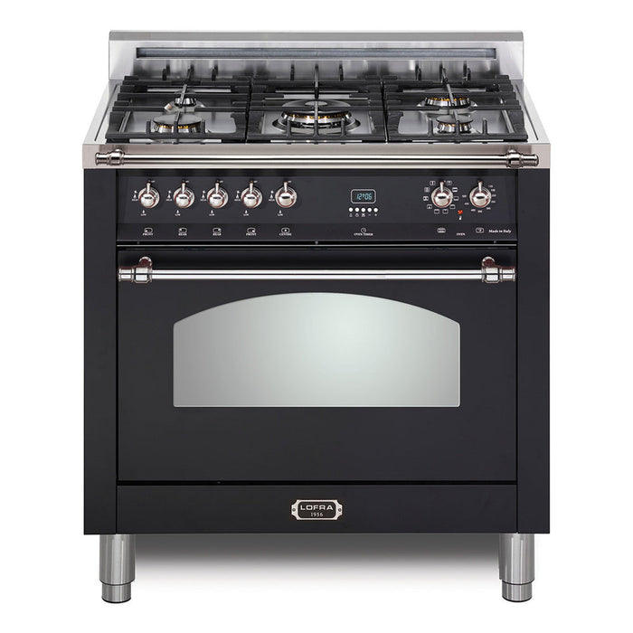 Lofra 30 Inch Dolcevita Freestanding Dual Fuel Matte Black Range with 5 Sealed Brass Burners, 3 Cu. Ft. Oven Capacity and True European Convection in Chrome Trim