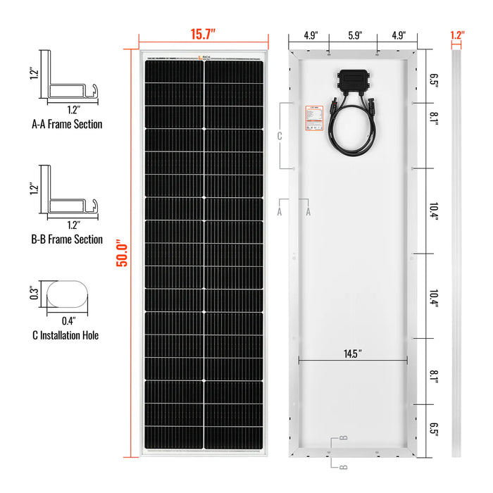 Rich Solar MEGA 100 SLIM | 100 Watt Slim Solar Panel | Compact 12V Off-Grid Narrow Solar Panel for Vans, Overlanders, Boats | 25-Year Output Warranty | UL Certified