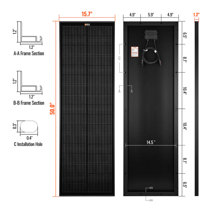 Rich Solar MEGA 100 SLIM | 100 Watt Slim Solar Panel | Compact 12V Off-Grid Narrow Solar Panel for Vans, Overlanders, Boats | 25-Year Output Warranty | UL Certified
