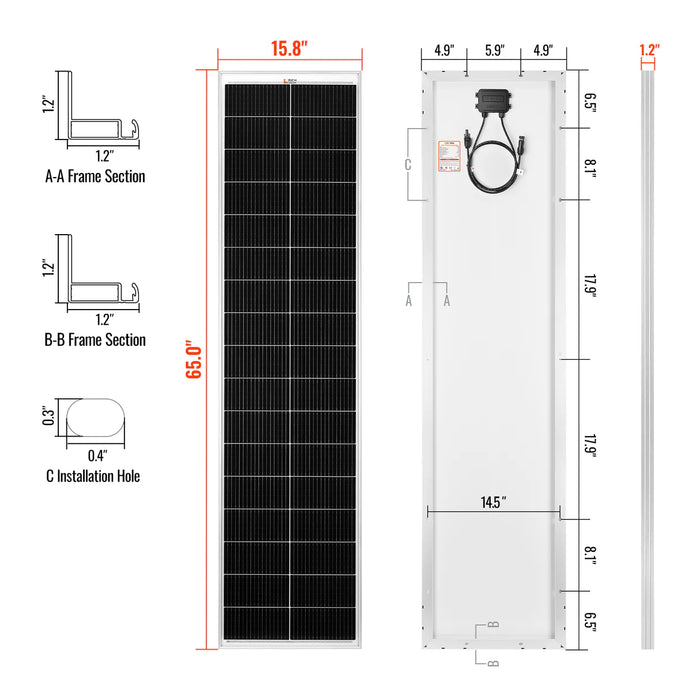 Rich Solar MEGA 130 SLIM | 130 Watt Slim Solar Panel | Compact 12V Narrow Panel for Vans, Campers, Boats | UL Certified