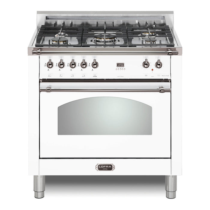 Lofra 36 Inch Dolcevita Freestanding Dual Fuel White Range with 5 Sealed Brass Burners, 3 Cu. Ft. Oven Capacity and True European Convection in Chrome Trim