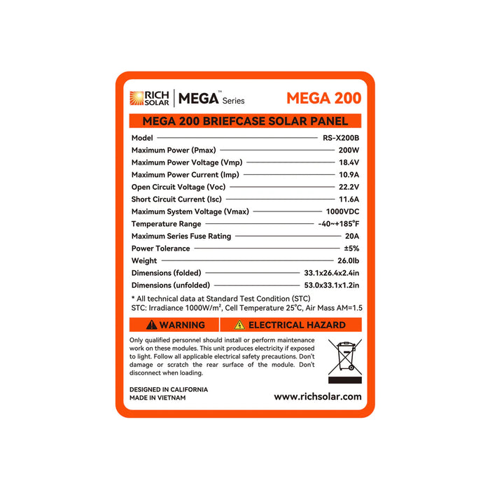 Rich Solar MEGA 200 Portable Briefcase Solar Panel Specs