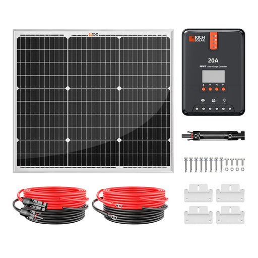 Rich Solar 50 Watt Solar Kit | Includes 50W Solar Panel + 20A MPPT Solar Controller + Wires and Brackets | DIY Complete Solar Kit without Batteries Main