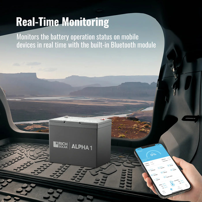 Rich Solar ALPHA 1 | 12V 100Ah LiFePO4 Battery | Powerful 12V Lithium Battery for RVs, Trailers, Vans, Boats, Off-Grid | 5,000 Lifetime Cycles | Bluetooth and Internal Heat Technology Monitoring