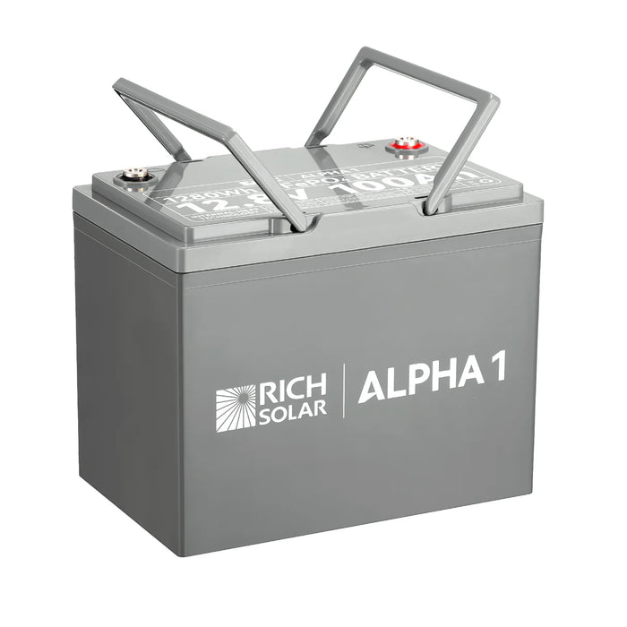 Rich Solar ALPHA 1 | 12V 100Ah LiFePO4 Battery | Powerful 12V Lithium Battery for RVs, Trailers, Vans, Boats, Off-Grid | 5,000 Lifetime Cycles | Bluetooth and Internal Heat Technology Handle