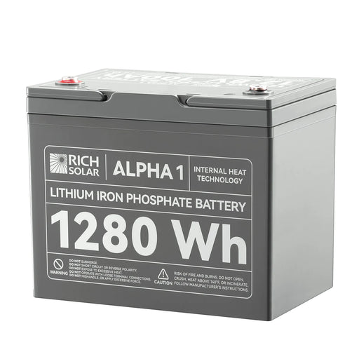 Rich Solar ALPHA 1 | 12V 100Ah LiFePO4 Battery | Powerful 12V Lithium Battery for RVs, Trailers, Vans, Boats, Off-Grid | 5,000 Lifetime Cycles | Bluetooth and Internal Heat Technology Side