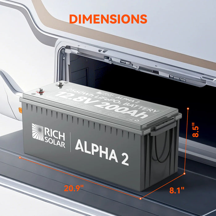 Rich Solar ALPHA 2 | 12V 200Ah LiFePO4 Battery | Powerful 12V Lithium Battery for RVs, Trailers, Vans, Boats, Off-Grid | 5,000 Lifetime Cycles | Bluetooth and Internal Heat Technology Dimensions