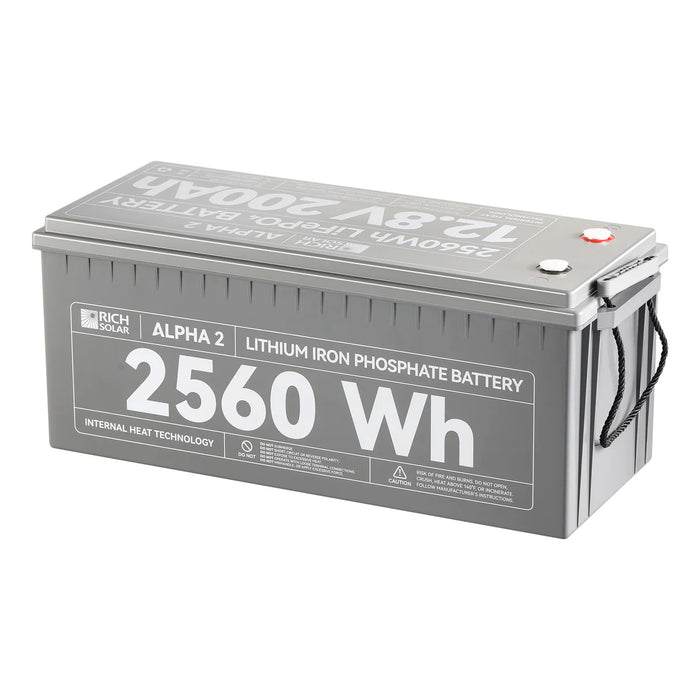 Rich Solar ALPHA 2 | 12V 200Ah LiFePO4 Battery | Powerful 12V Lithium Battery for RVs, Trailers, Vans, Boats, Off-Grid | 5,000 Lifetime Cycles | Bluetooth and Internal Heat Technology Side