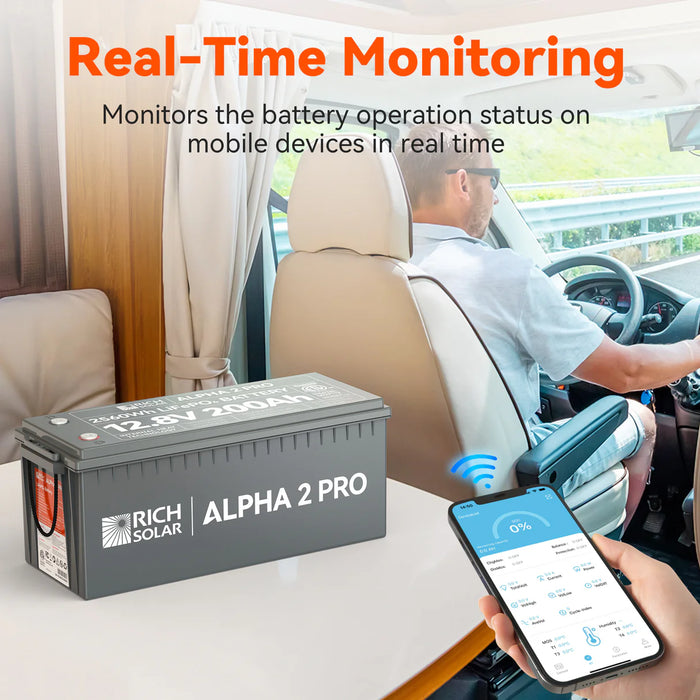 Rich Solar ALPHA 2 PRO | 12V 200Ah LiFePO4 Battery | Premium 12V Lithium Battery for RVs, Cabins, Tiny Homes | 7,000 Lifetime Cycles | 10 Year Warranty | UL1973 Certified Monitoring