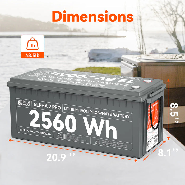 Rich Solar ALPHA 2 PRO | 12V 200Ah LiFePO4 Battery | Premium 12V Lithium Battery for RVs, Cabins, Tiny Homes | 7,000 Lifetime Cycles | 10 Year Warranty | UL1973 Certified Dimensions