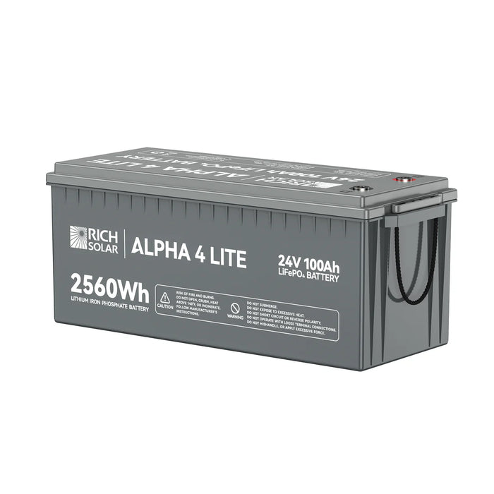 Rich Solar ALPHA 4 LITE | 24V 100Ah LiFePO4 Battery | Fast-Charging 24V Lithium Battery for RVs, Trailers, Vans, Boats, Off-Grid, Backup | 4,000 Lifetime Cycles | Best Value Side