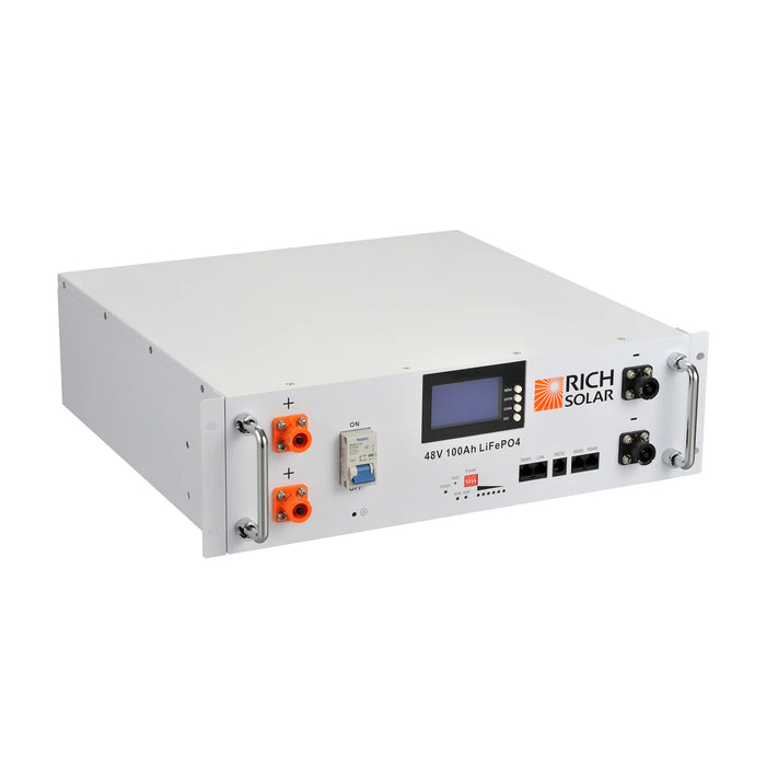Rich Solar ALPHA 5 | 4 Batteries + Free Rack | 48V 100Ah LiFePO4 Battery | Premium 48V Server Rack Lithium Battery for Residential, Commercial, Off-Grid | 7,000 Lifetime Cycles | Pre-Order Only Side
