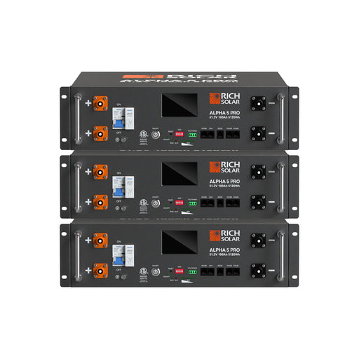 Rich Solar ALPHA 5 PRO | 3 Batteries | 51.2V 100Ah LiFePO4 Battery | Premium 48V Server Rack Lithium Battery for Residential, Commercial, RVs, Off-Grid | 7,000 Lifetime Cycles | 10 Year Warranty | UL1973, UL9540A Certified Main