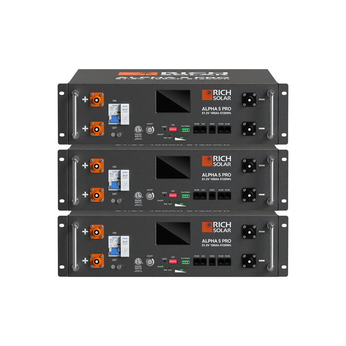 Rich Solar ALPHA 5 PRO | 3 Batteries | 51.2V 100Ah LiFePO4 Battery | Premium 48V Server Rack Lithium Battery for Residential, Commercial, RVs, Off-Grid | 7,000 Lifetime Cycles | 10 Year Warranty | UL1973, UL9540A Certified Main