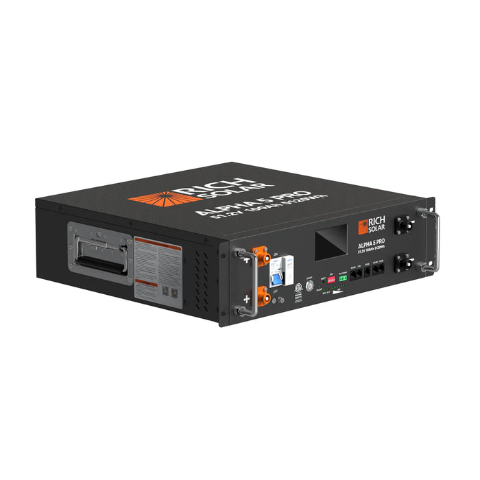 Rich Solar ALPHA 5 PRO | 4 Batteries | 51.2V 100Ah LiFePO4 Battery | Premium 48V Server Rack Lithium Battery for Residential, Commercial, RVs, Off-Grid | 7,000 Lifetime Cycles | 10 Year Warranty | UL1973, UL9540A Certified Side