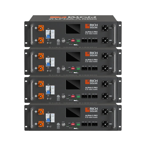 Rich Solar ALPHA 5 PRO | 4 Batteries | 51.2V 100Ah LiFePO4 Battery | Premium 48V Server Rack Lithium Battery for Residential, Commercial, RVs, Off-Grid | 7,000 Lifetime Cycles | 10 Year Warranty | UL1973, UL9540A Certified Main