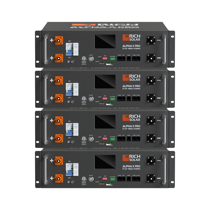 Rich Solar ALPHA 5 PRO | 4 Batteries | 51.2V 100Ah LiFePO4 Battery | Premium 48V Server Rack Lithium Battery for Residential, Commercial, RVs, Off-Grid | 7,000 Lifetime Cycles | 10 Year Warranty | UL1973, UL9540A Certified Main