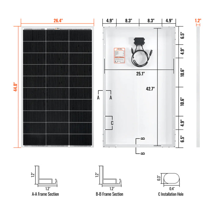 Rich Solar MEGA 150 | 150 Watt Solar Panel | Lightweight 12V Off-Grid Solar Panel for RVs, Cabins, Boats | 25-Year Output Warranty Dimensions