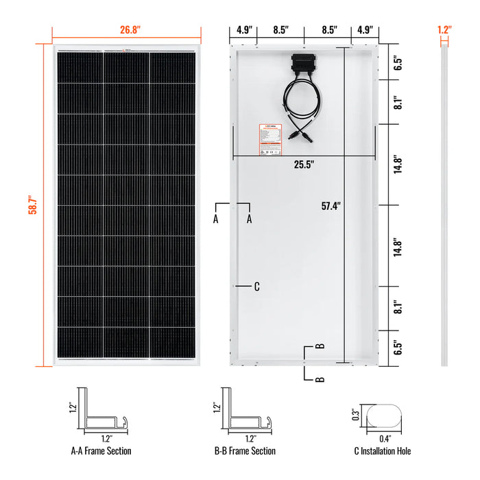 Rich Solar MEGA 200 MAX | 200 Watt 24 Volt Solar Panel | Premium 24V Off-Grid Solar Panel for RVs, Trailers, Cabins | 25-Year Output Warranty | UL Certified Dimensions
