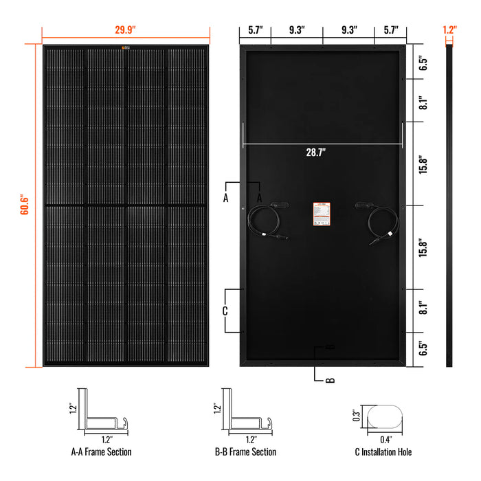 Rich Solar MEGA 250 Onyx Black | 250 Watt Solar Panel | Premier 12V Off-Grid Solar Panel for RVs, Vans, Boats | 25-Year Output Warranty Dimensions
