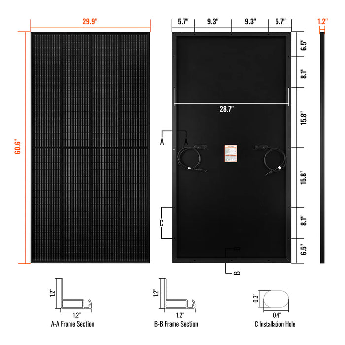 Rich Solar MEGA 250 PRO Onyx Black | 250 Watt 24 Volt Solar Panel | Premium 24V Off-Grid Solar Panel for Campers, Tiny Homes, Cabins | 25-Year Output Warranty Dimensions