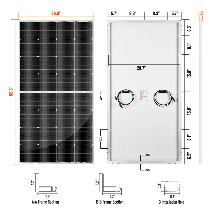 Rich Solar MEGA 250 PRO Silver | 250 Watt 24 Volt Solar Panel | Premium 24V Off-Grid Solar Panel for Campers, Tiny Homes, Cabins | 25-Year Output Warranty Dimensions