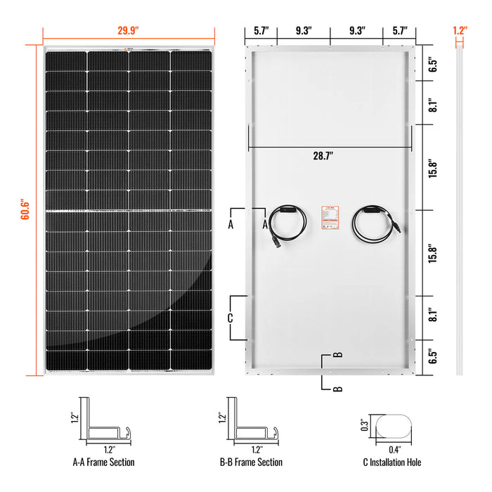 Rich Solar MEGA 250 Silver | 250 Watt Solar Panel | Premier 12V Off-Grid Solar Panel for RVs, Vans, Boats | 25-Year Output Warranty Dimensions